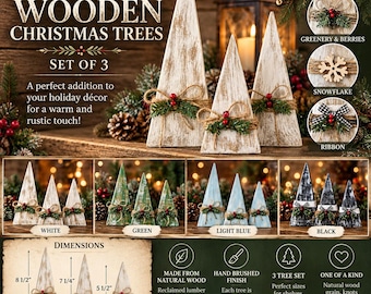 May include: A set of three triangular wooden Christmas trees with a distressed finish, decorated with twine, greenery, and berries. The trees are available in white, green, light blue, or black, with heights of 8.5, 7.25, and 5.5 inches.