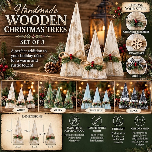 Handmade Rustic Wooden Christmas Tree Set, Whitewashed Holiday Decor