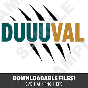 May include: A black and white graphic of five claw marks with the text "DUUUVAL" in teal and gold. The text is in a bold, blocky font.