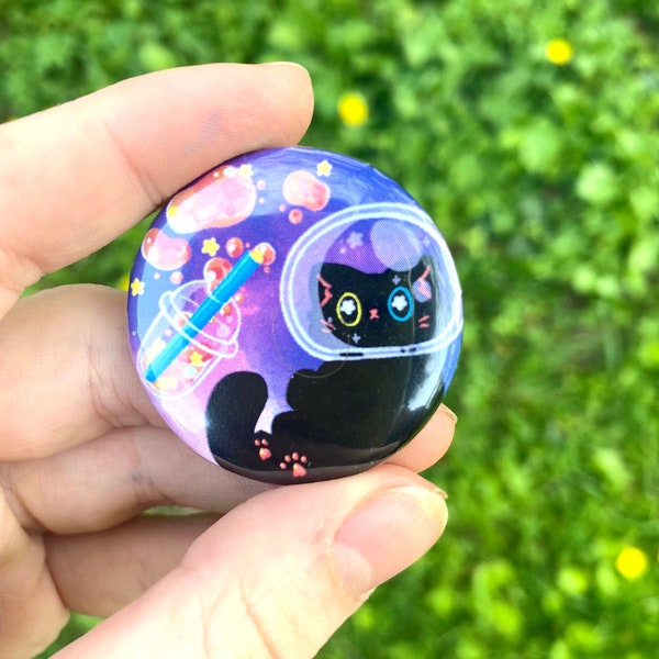 Space Boba Cat Button Pin / Space Cat / Boba pin / Bubble tea pin / Space Cafe / Cat in Space / accessory / handmade