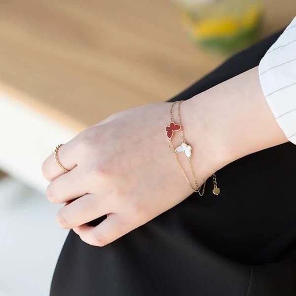 Sterling Silver Butterfly Bracelet: Natural Gemstone Red Agate / Mother of Pearl, Rose/Yellow Gold-Plating