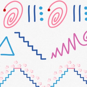 Puede incluir: Impresión de arte abstracto con una variedad de formas y colores, incluyendo rosa, azul y rojo. La impresión incluye espirales, líneas, triángulos y zigzags.