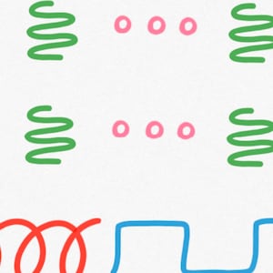 Op de afbeelding: Een patroon van roze cirkels en groene kronkelende lijnen. Daaronder een rode kronkelende lijn en een blauwe rechthoekige vorm.