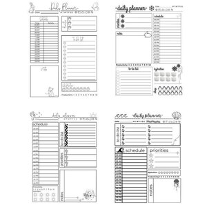 Op de afbeelding: Vier zwart-wit dagplanner sjablonen met diverse thema's zoals een konijn, sneeuwvlok, cactus en schelp. Elke pagina bevat secties voor een planning, takenlijst, prioriteiten, notities, hydratatie bijhouden en productiviteitsschalen.