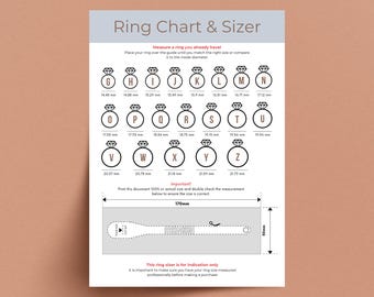 Könnte beinhalten: Eine druckbare Ringgrößentabelle mit einem Lineal und einem Ringsizer. Die Tabelle zeigt verschiedene Ringgrößen von G bis Z mit den entsprechenden Maßen in Millimetern. Der Text lautet "Messen Sie einen Ring, den Sie bereits haben!" und "Dieser Ringsizer dient nur zur Orientierung. Es ist wichtig, dass Sie Ihre Ringgröße professionell messen lassen, bevor Sie einen Kauf tätigen."