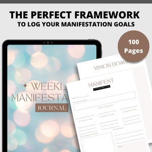Könnte beinhalten: Ein digitales Tablet zeigt eine Mockup eines wöchentlichen Manifestationsjournals mit 100 Seiten. Das Journal enthält ein Vision Board, einen Abschnitt zum Aufschreiben des Ziels der Woche, der zu treffenden Maßnahmen, Affirmationen und Notizen.