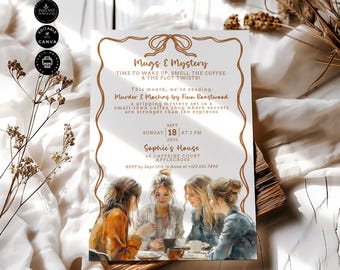 Modelo de convite para reunião de clube do livro, encontro para um café, convite para festa com enredo misterioso e reviravolta, diário de leitura, edição para impressão no Canva 5x7", LEIA