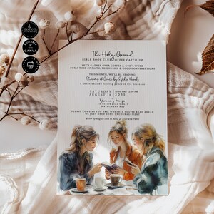 May include: Invitation to a Bible book club meeting called "The Holy Ground" with a watercolor illustration of three women sitting at a table with coffee cups and a book. The meeting is on Saturday, August 18, 2035, from 10:00 AM to 12:00 PM at Dianne's House, 13 Stillwater Court, Watermans Bay. The book being discussed is "Stream of Grace" by Esther Brooky.