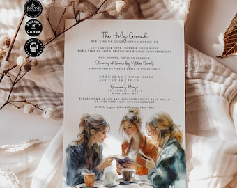 Op de afbeelding: Een uitnodiging voor een bijeenkomst van een Bijbelboekclub genaamd "The Holy Ground" met een aquarelillustratie van drie vrouwen die aan een tafel zitten met kopjes koffie en een boek. De bijeenkomst is op zaterdag 18 augustus 2035, van 10:00 tot 12:00 uur in Diannes huis, 13 Stillwater Court, Watermans Bay. Het boek dat besproken wordt is "Stream of Grace" van Esther Brooky.