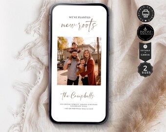 Moving Home Announcement Digital Electronic Template, New Home Address Text Card Evite Phone, Instant Download, Edit with Canva 2 Size, E20a