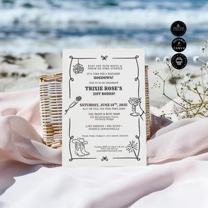 May include: A black and white invitation for Trixie Rose's 21st Rodeo, featuring a disco ball, microphone, cowboy boots, and a cocktail glass. The text includes event details like the date, time, and location, with a call to RSVP.