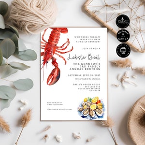 Modelo de convite para reunião de família de fervura de lagosta, festa de reunião, cartão de convite personalizado, editar Canva 5x7 "download instantâneo para impressão, FR02