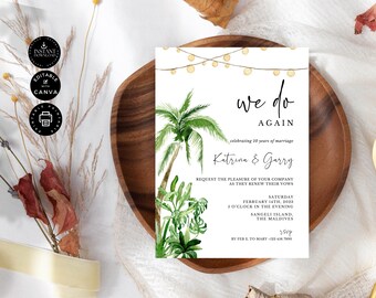 10th Anniversary Wedding Vow Renewal Invitation, We Do Again Tropical Invite, Instant Download Editable Printable Template Canva 5x7in, VR20
