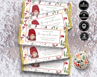 May include: Set of five printable Christmas chocolate bar wrappers featuring a gnome illustration and the text "May you enjoy the magic of the season with love at Christmas The Farrell Family".