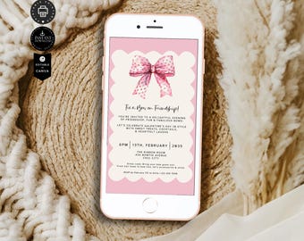 Editable Galentine's Day Pink Bows Party Invitation Template, Cocktails Girls evite, Phone Invite, Canva 1080x1920 Pix, Inst Download, EG04a