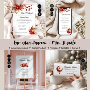 May include: A digital printable bundle of Ramadan Kareem themed designs. The bundle includes an invitation, a welcome sign, a chocolate bar wrapper, and a social media post. The designs feature red, gold, and white colors with a traditional Islamic pattern.