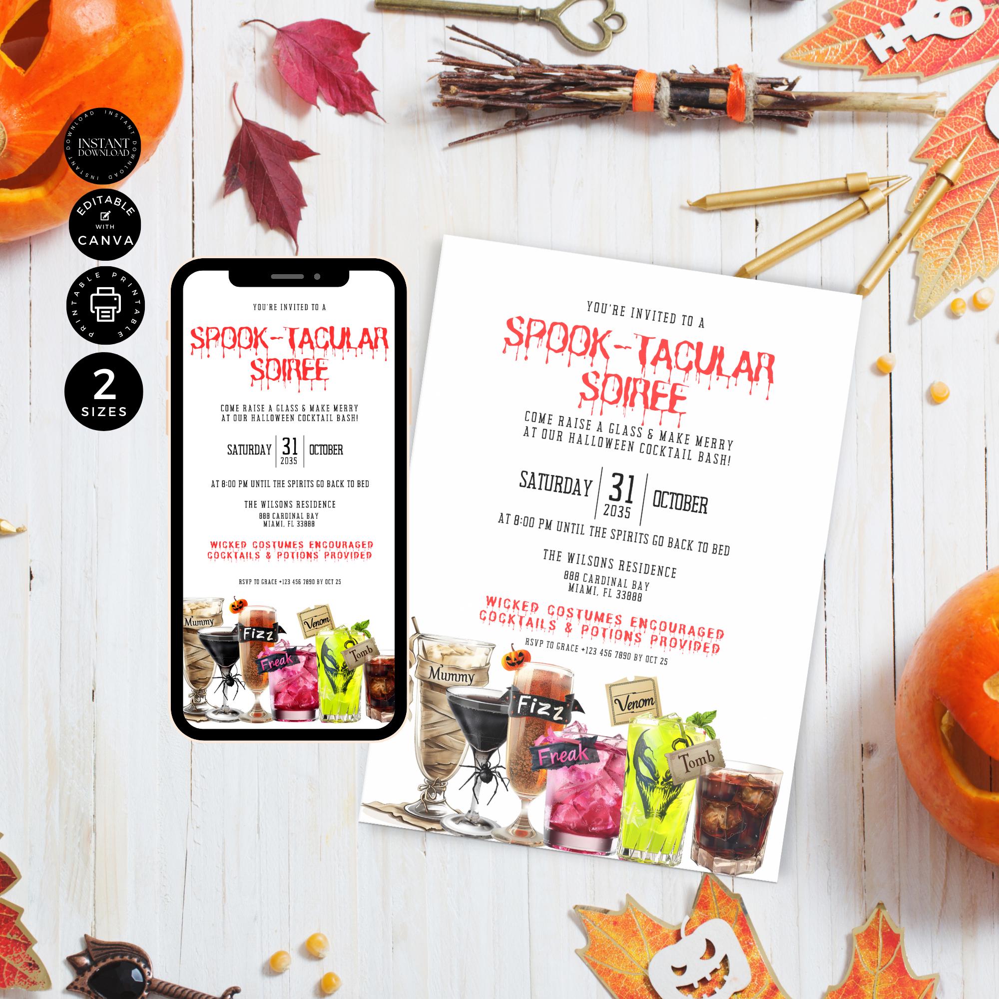 Invitation Halloween, cocktail et modèle d'invitation à une soirée costumée, Evite, bricolage, imprimable, téléphone numérique, toile 2 tailles, téléchargement immédiat, HW04