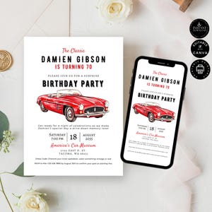 Modern Editable Classic Red Car Party Invite, 70th Evite Birthday, Invite Evite, Printable, Digital Phone, Canva 2 sizes, Ins Download, BD65