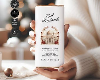 Eid al-Fitr Mubarak, modelo de embalagem de chocolate Ramadan Kareem, barra de chocolate Favor, barras Hershey Aldi, edição para impressão Canva 2 tamanho, CB29j