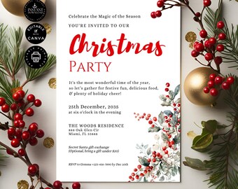 Editable Christmas Party Invitation Template, Dinner Festive, Family Xmas Invite, Holiday Card, Printable, Canva 5x7", Instan Download, CR15