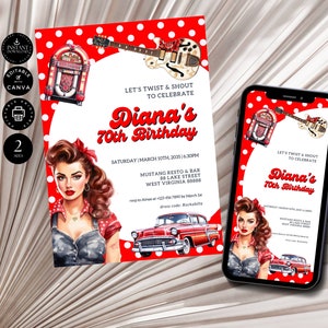 Modelo de convite de festa de aniversário retrô Rockabilly moderno, tema dos anos 1950, 70º cartão para impressão, convite de telefone digital Evite, Canva 2 tamanho BD39b