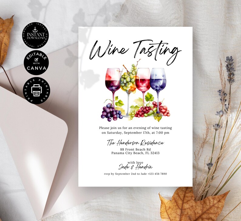 Plantilla de invitación para cata de vinos, fiesta del vino, invitación para cata de vinos a ciegas, fiesta casera, edición imprimible en Canva de 5 x 7 pulgadas, descarga instantánea, P04 imagen 4