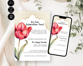 May include: An invitation design with the text "It's Eid Celebration Time!" features a red tulip illustration. The invitation includes event details and a phone mockup. The design is for an evening of fun, food, and festivities.