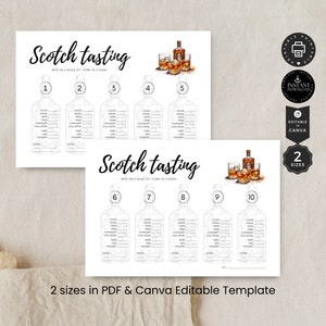 Modello di scheda per punteggi di degustazione di whisky scotch, Scotch Night, stampabile e modificabile, modifica in Canva 2 dimensioni 1-10, download immediato, P12f