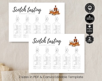 Modello di scheda per punteggi di degustazione di whisky scotch, Scotch Night, stampabile e modificabile, modifica in Canva 2 dimensioni 1-10, download immediato, P12f