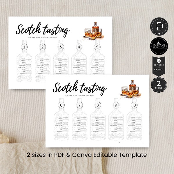 Whisky Scotch Tasting Score Sheets Card Template, Scotch Night, Printable & Editable, Edit in Canva 2 sizes 1-10, Instant Download, P12f