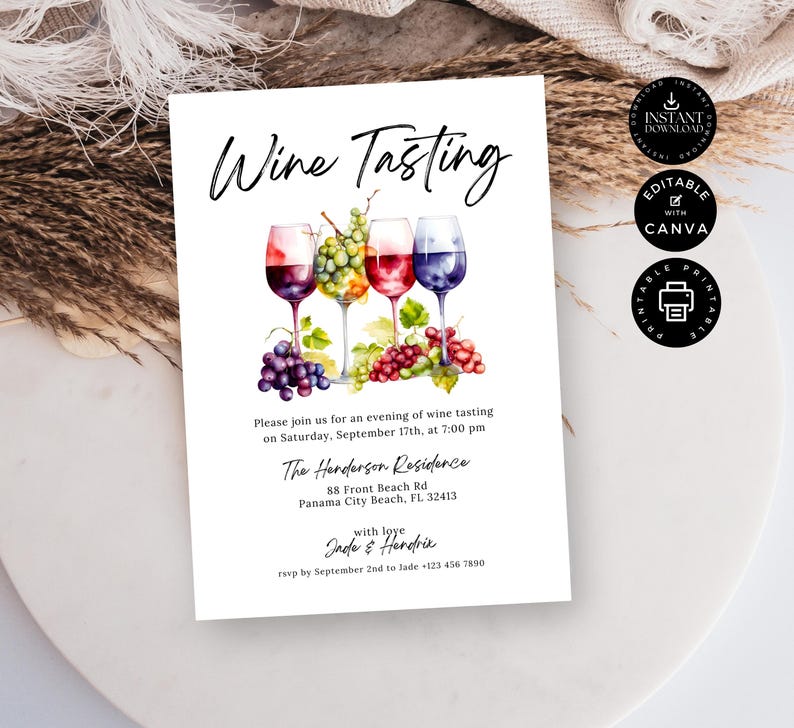 Plantilla de invitación para cata de vinos, fiesta del vino, invitación para cata de vinos a ciegas, fiesta casera, edición imprimible en Canva de 5 x 7 pulgadas, descarga instantánea, P04 imagen 2