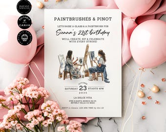 Modelo de convite para festa de aniversário de 21 anos Paint and Sip personalizável, download digital instantâneo, para impressão, cartão, Canva editável 5 x 7 polegadas, BD87