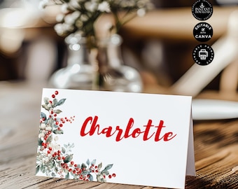 Bearbeitbare Platzkartenvorlage für das Weihnachtsessen, Feiertags-Brunch-Party gefaltetes Buffetzelt, Food Bev Label, bedruckbar, Canva gefaltet 3,4 x 2 ", CR15
