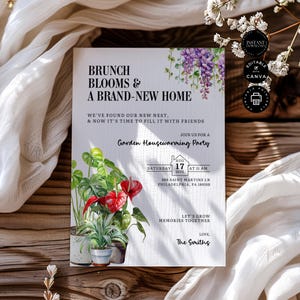 Sjabloon housewarming tuinbrunch feestuitnodiging, bericht nieuw huis, adreswijziging, afdrukbare direct downloaden, canva bewerken 5 x 7 in, NH10