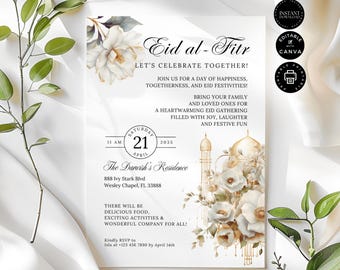 Modelo de convite para reunião familiar Eid Mubarak, convite para jantar de Ramadã, Eid al-Fitr muçulmano, edite no Canva 5x7" Download instantâneo, RM09