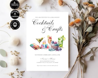 Cocktails & Crafts Party Invitation Template, Gathering Party, Girls Night Invite Card, Editable Canva 5x7&quot; Printable, Instant Download, E53