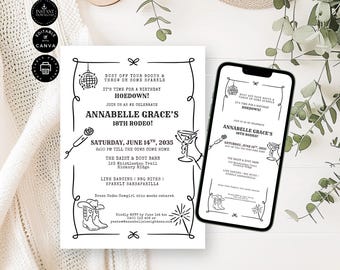 Wunderliche 18. Hoedown Geburtstags-Party Einladung & Evite-Vorlage, bedruckbar, E-Invite, weibliches Cowgirl, Western, bearbeiten Canva 2 Größen, BD108b