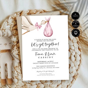 Baby Shower Party Einladung Kartenvorlage, Storch Baby Mädchen, klassische Co-ed einladen, Paare Babyparty, bedruckbar, bearbeiten in Canva 5x7", BS05