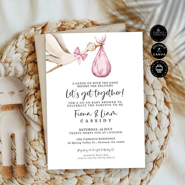 Modèle de carte d'invitation fête baby shower, petite fille cigogne, faire-part mixte classique, baby shower en couple, imprimable, retoucher sur Canva 5 x 7", BS05