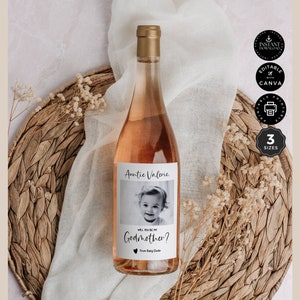 Modelo de proposta clássico Você será minha madrinha, rótulo de garrafa de vinho, menina, Canva 3 tamanhos, editável, download instantâneo para impressão, DL03