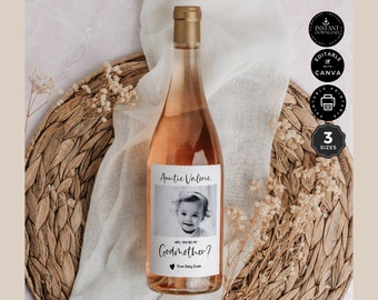 Modelo de proposta clássico Você será minha madrinha, rótulo de garrafa de vinho, menina, Canva 3 tamanhos, editável, download instantâneo para impressão, DL03