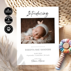 Modèle de faire-part de naissance, carte de naissance avec photo, carte de bienvenue nouveau bébé fille, imprimable, édition sur toile 5 x 7", téléchargement immédiat, B03