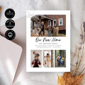 Puede incluir: Una tarjeta de anuncio blanca con el texto "Our New Home" y fotos familiares. La tarjeta incluye la dirección y la información de contacto de la familia. El diseño también presenta iconos para descarga instantánea, edición con Canva y opciones de impresión.