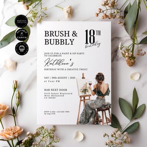 May include: A white invitation card with black text for an 18th birthday party. The invitation is for a paint and sip party to celebrate Kathleen's birthday with a creative twist. The party is at Bar Next Door on August 30th, 2035 at 4 PM. The invitation features a watercolor illustration of a woman painting.