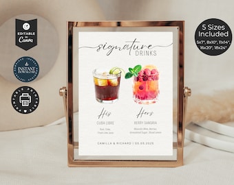 Signature Drinks Wedding Bar Menu Sign Template | Canva INSTANT DOWNLOAD DIY Printable Sign | 5x7", 8x10", 11x14", 16x20", 16x20" | CT01