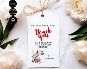 Editable Christmas Party Thank You Tag Template, Gift favor, DIY Home Party Present, Xmas, Printable, Canva 2x3.5", Inst Download, CR15g