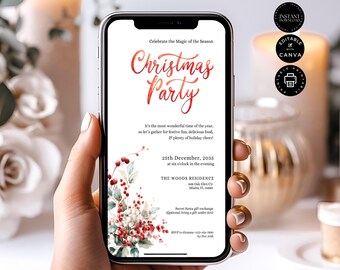 Editable Christmas Party Invitation, Holiday Dinner Invitation, Evite Phone Invite, Email Text WA, Instant Download, Canva 1080x1920px, CR14