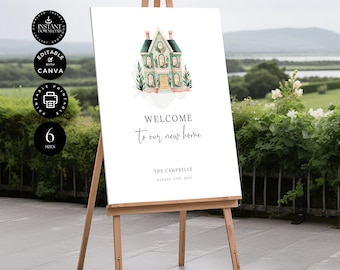 Housewarming Welcome Sign Template, House Warming Party Poster, New Address, Printable, Instant Download, Editable, Canva 6 sizes, E31f