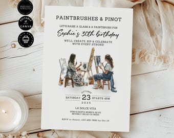 Paint and Sip 30th Birthday Party invitation customizable template, Instant Digital Download, Printable, Card, Editable Canva 5x7 inch, BD88