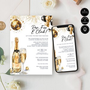 Kaartsjabloon uitnodiging oudejaarsfeestje, pop Fizz Clink invite, aftellen naar einde jaar, telefoon, tekst, Evite, bewerken in formaat Canva 2, NY6b